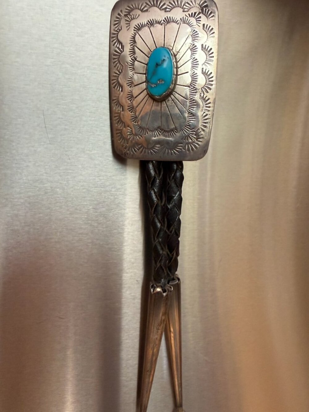 Bolo Tie Sterling Silver Turquoise Navajo - braided black leather silver tips